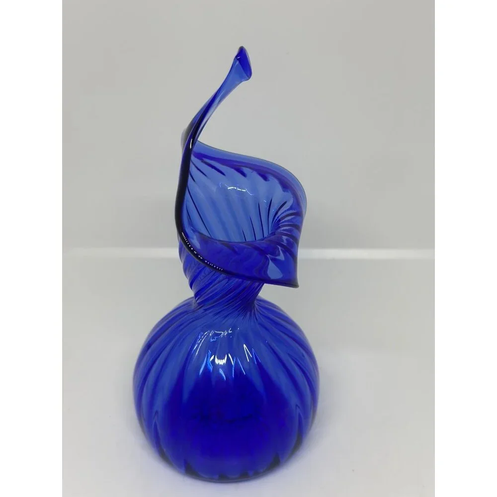 VTG‎ MCM Sapphire Jack-in-the-Pulpit Hand Blown Ribbed Glass Vase 7